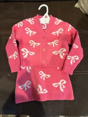btween Pink Knit Cardigan & Skirt Set with White Bow Pattern